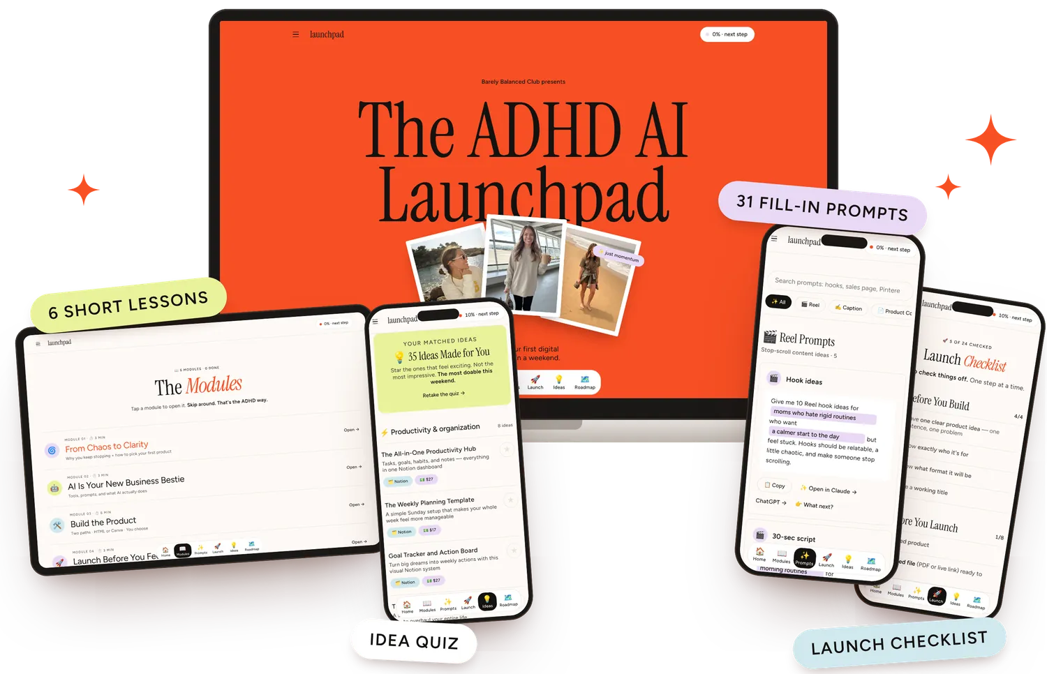 A digital course, prompts and worksheets shown on a laptop, tablet and phones