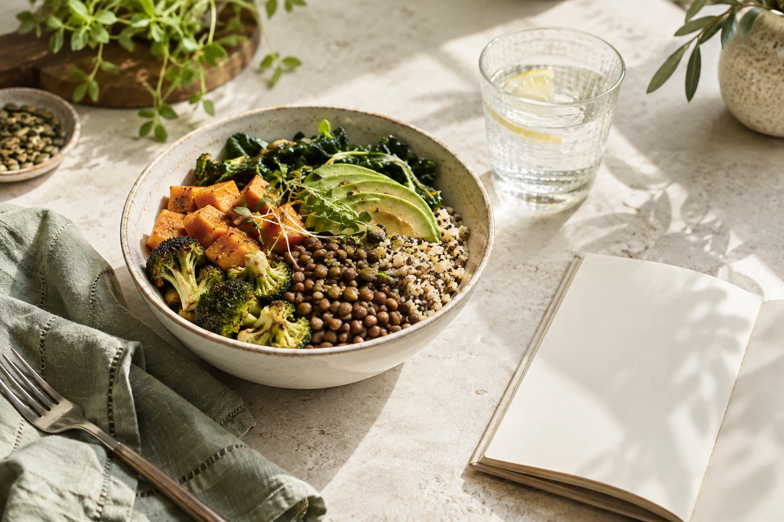 Vegetables, grains and lentils beside a notebook, created for this illustrative course cover