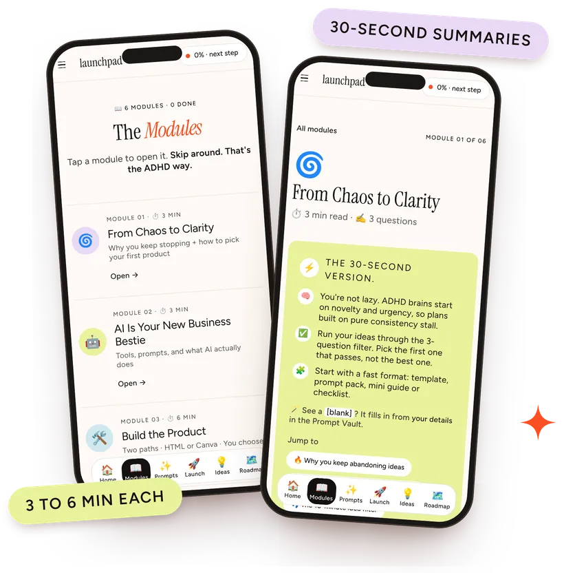 The Launchpad module list and a lesson with a 30-second summary